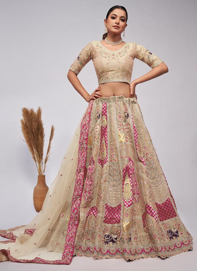 Soft Net Beige Wedding Wear Sequins Work Lehenga Choli